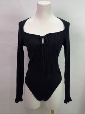 Aerie Black Ribbed Bodysuit | Onesie Tie-Front Long Sleeve Leo | Base Top Size M